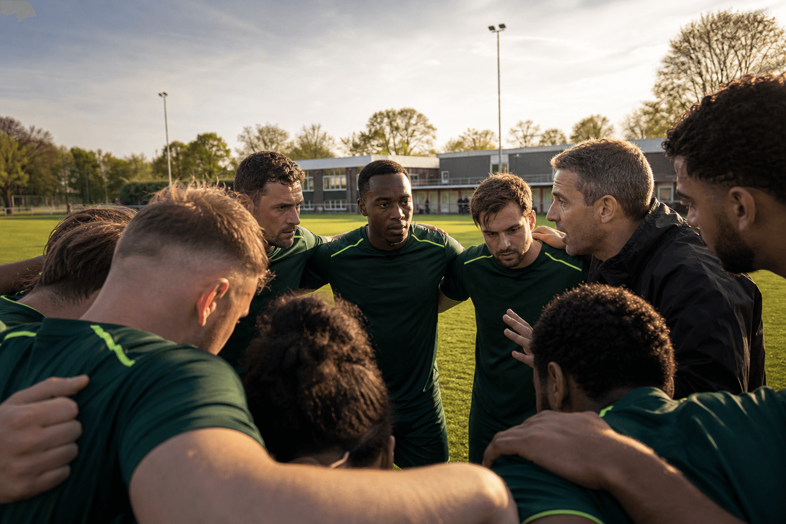 Voetbalteam rond de coach tijdens de wedstrijdbespreking
